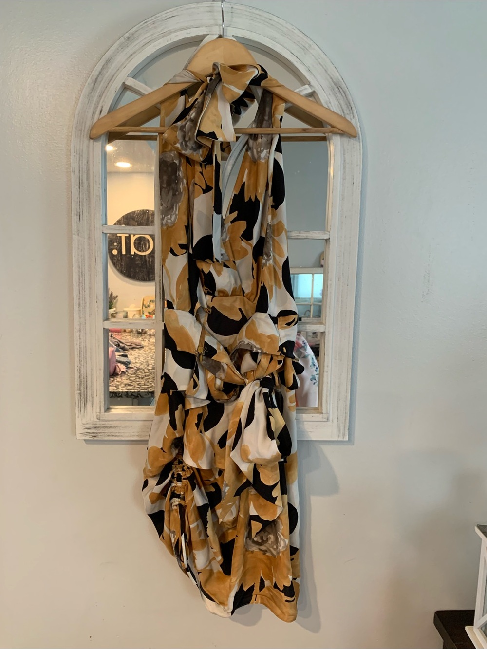 Moschino Archivio-Mustard Black and White Abstract Silk Halter Dress